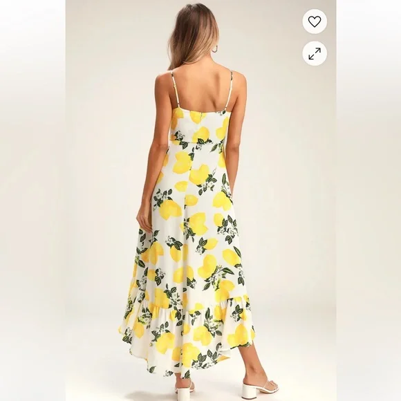 Lulus - Afternoon Air Yellow Lemon Print High-Low Midi Dress - Size M - Picture 13 of 13